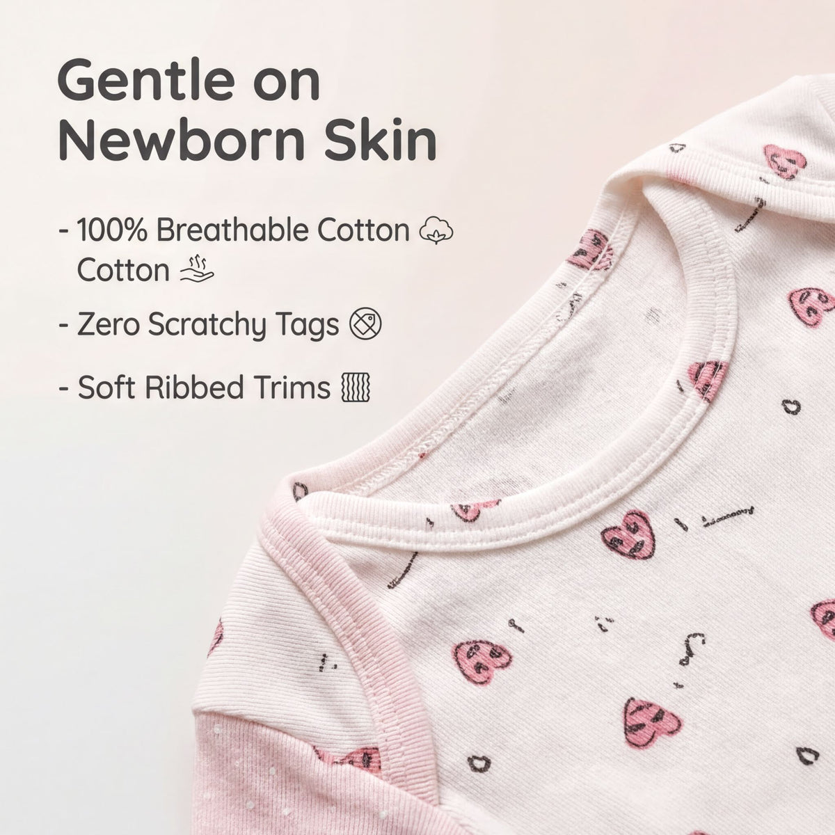 a close-up of a baby's clothing, specifically a white onesie with a pink pattern. The text above the image reads "Gentle on Newborn Skin", and below it, there are descriptions of the clothing's features: 100% breathable cotton, zero scratchy tags, and soft ribbed trims.