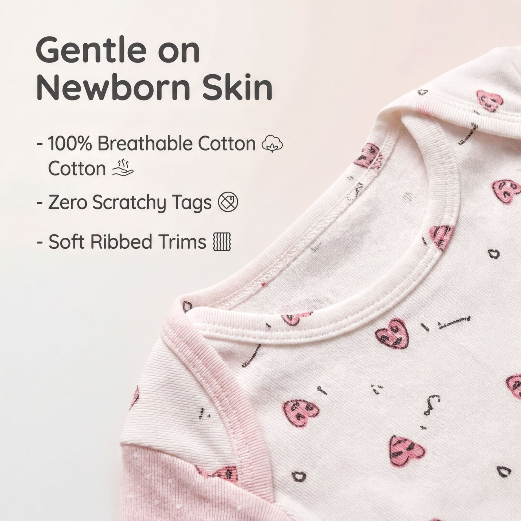 a close-up of a baby's clothing, specifically a white onesie with a pink pattern. The text above the image reads "Gentle on Newborn Skin", and below it, there are descriptions of the clothing's features: 100% breathable cotton, zero scratchy tags, and soft ribbed trims.