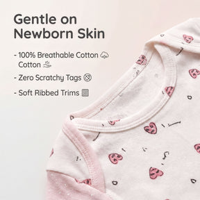 a close-up of a baby's clothing, specifically a white onesie with a pink pattern. The text above the image reads "Gentle on Newborn Skin", and below it, there are descriptions of the clothing's features: 100% breathable cotton, zero scratchy tags, and soft ribbed trims.