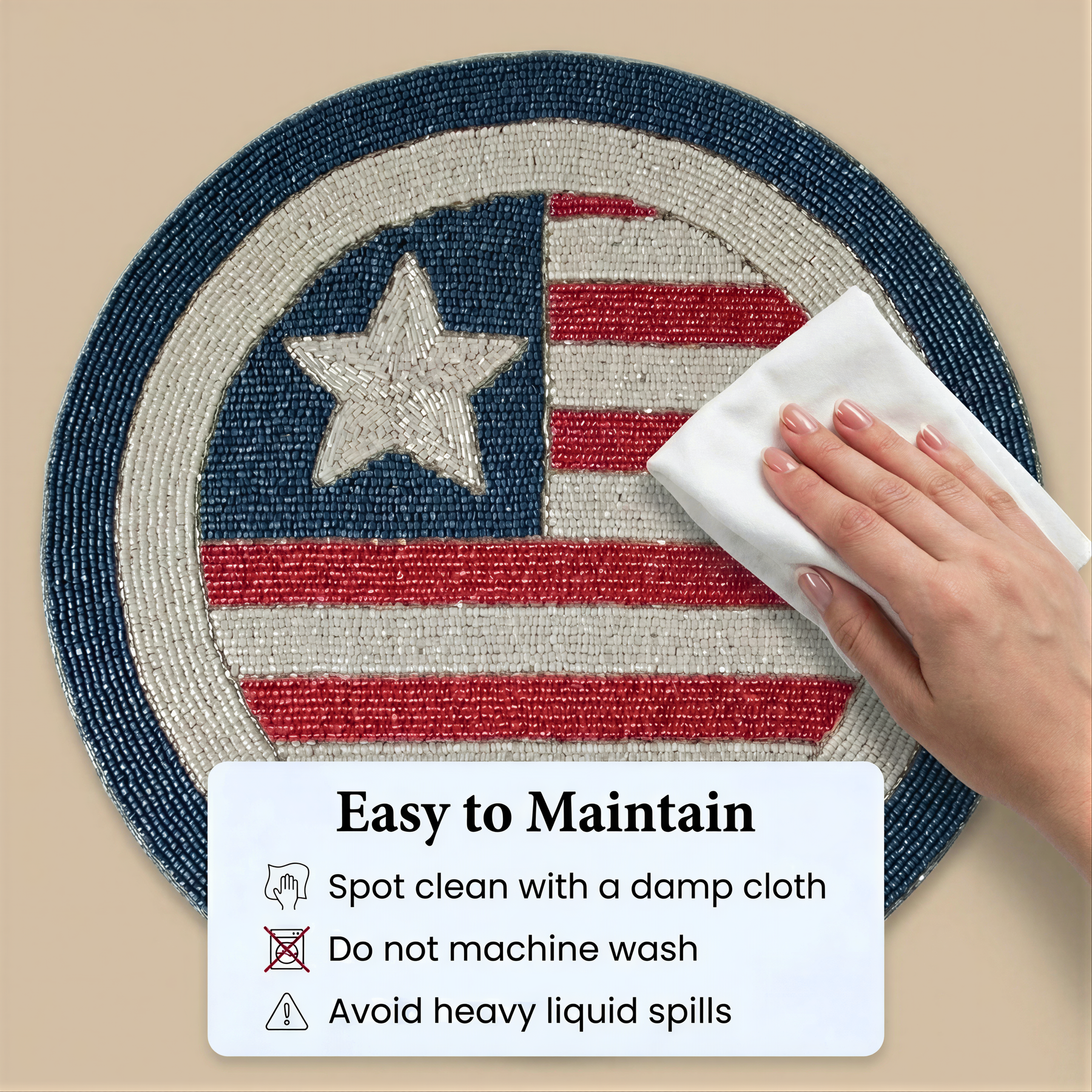 a hand cleaning a circular American flag-themed mat using a damp cloth. The mat has a blue, white, and red color scheme, resembling the flag of the United States. The text provides instructions on how to maintain the mat, including spot cleaning with a damp cloth, avoiding machine washing, and avoiding heavy liquid spills.
