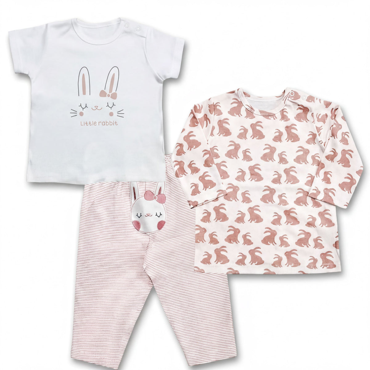 a white t-shirt with a bunny design, pink and white striped pants, and a long-sleeved shirt with a bunny pattern.