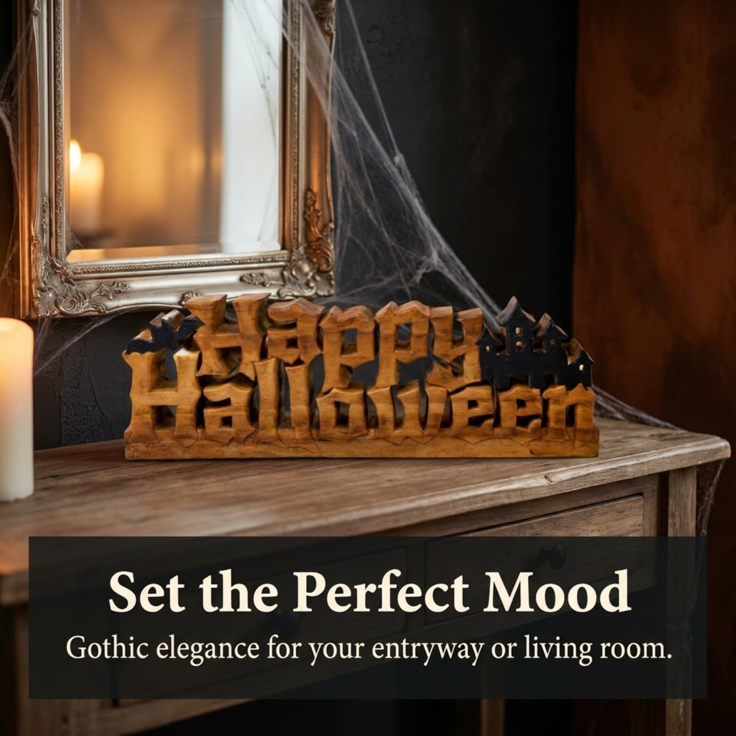 Happy Halloween Sculpture in Wood for Fall Autumn and Thanksgiving Gift for Home Decor