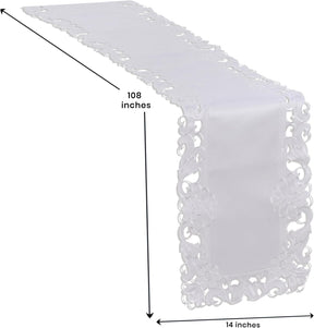 Decozen White Table Runner - European Embroidery Dresser Decor Scarf for Home, Kitchen, Dining, and Wedding - 14 x 108 Inches - Valentines Day Decor - The Snow Blossom Collection