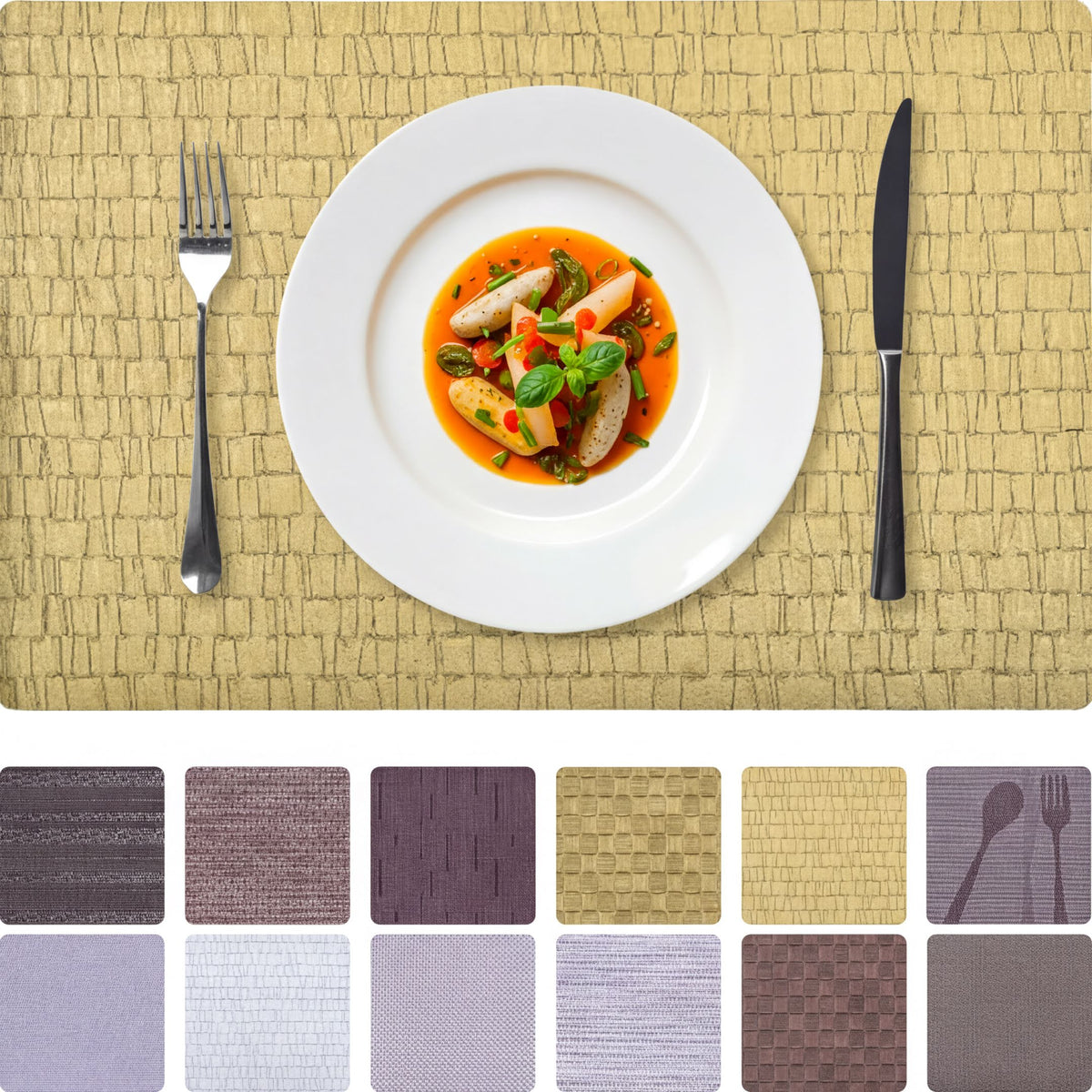 Set of 4 and 6 PVC placemats by 618EVA-9-2-4, showing colorful, textured placemats on a dining table.