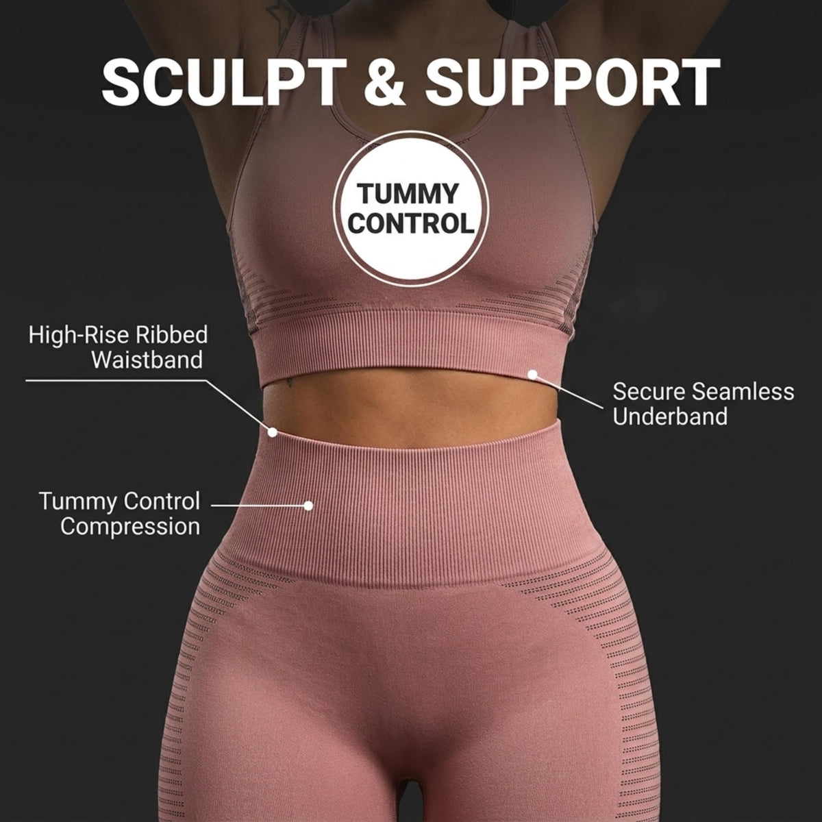Yogazen Women's Seamless Crop Tank 2-Piece Workout Set – Pink/Brown