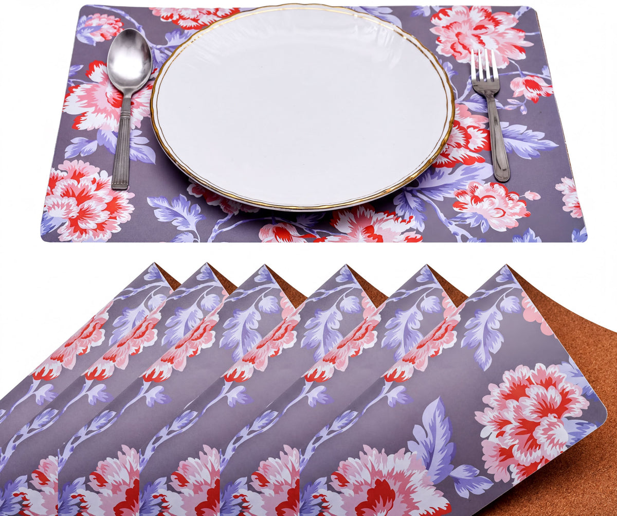 Set of 4 floral design cork-backed placemats by ATKP-4CK, showcasing colorful floral patterns on natural cork surface.