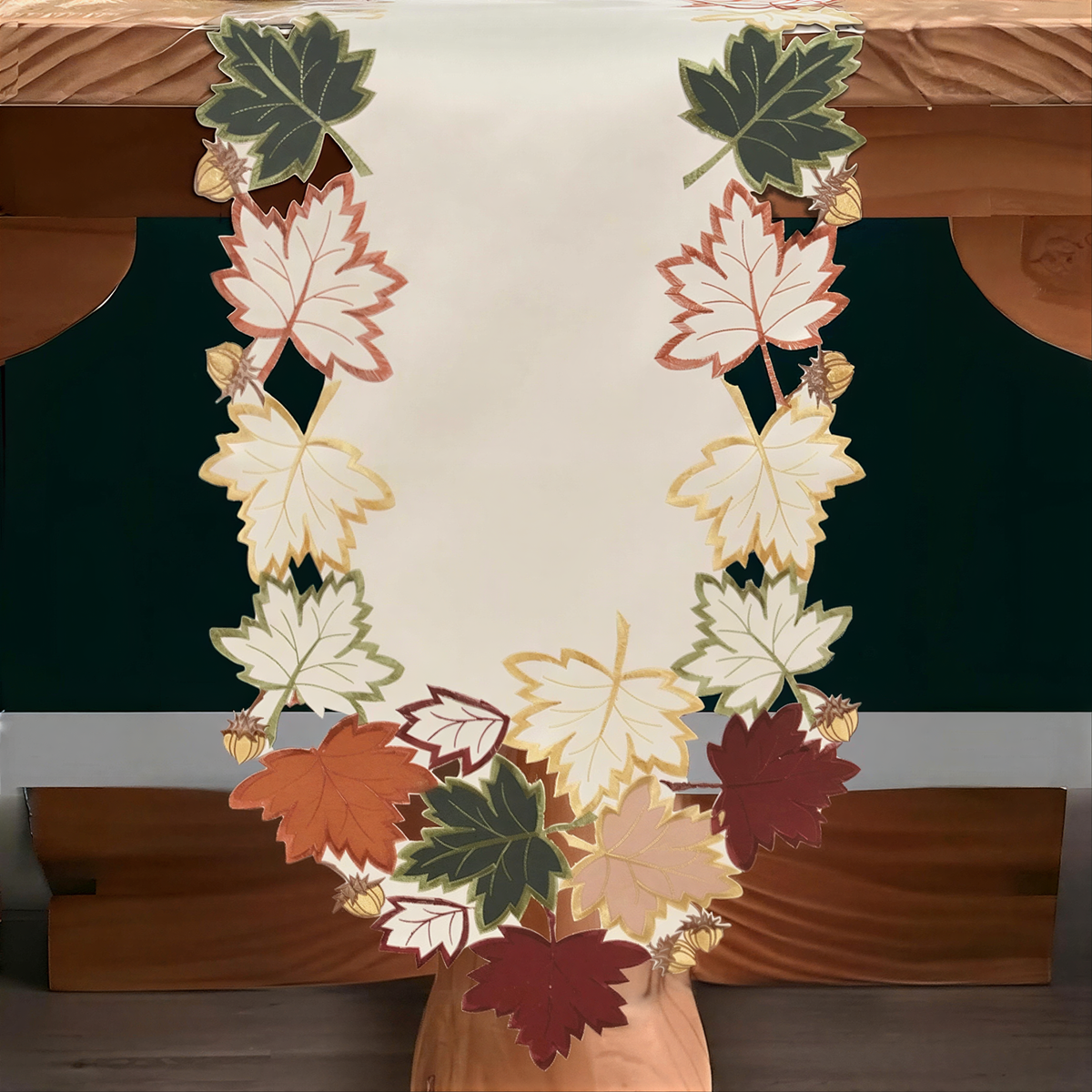 Cream white RIZ-RN Falling Petals table runner with European embroidery, decorative dresser scarf, 14x108 inches, elegant floral design.