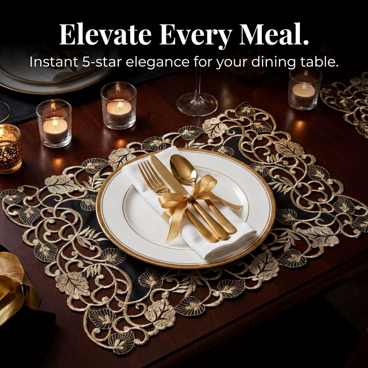 a beautifully set dining table with a plate, silverware, and candles. The plate is adorned with a gold ribbon and gold napkin, creating an elegant and sophisticated dining experience.