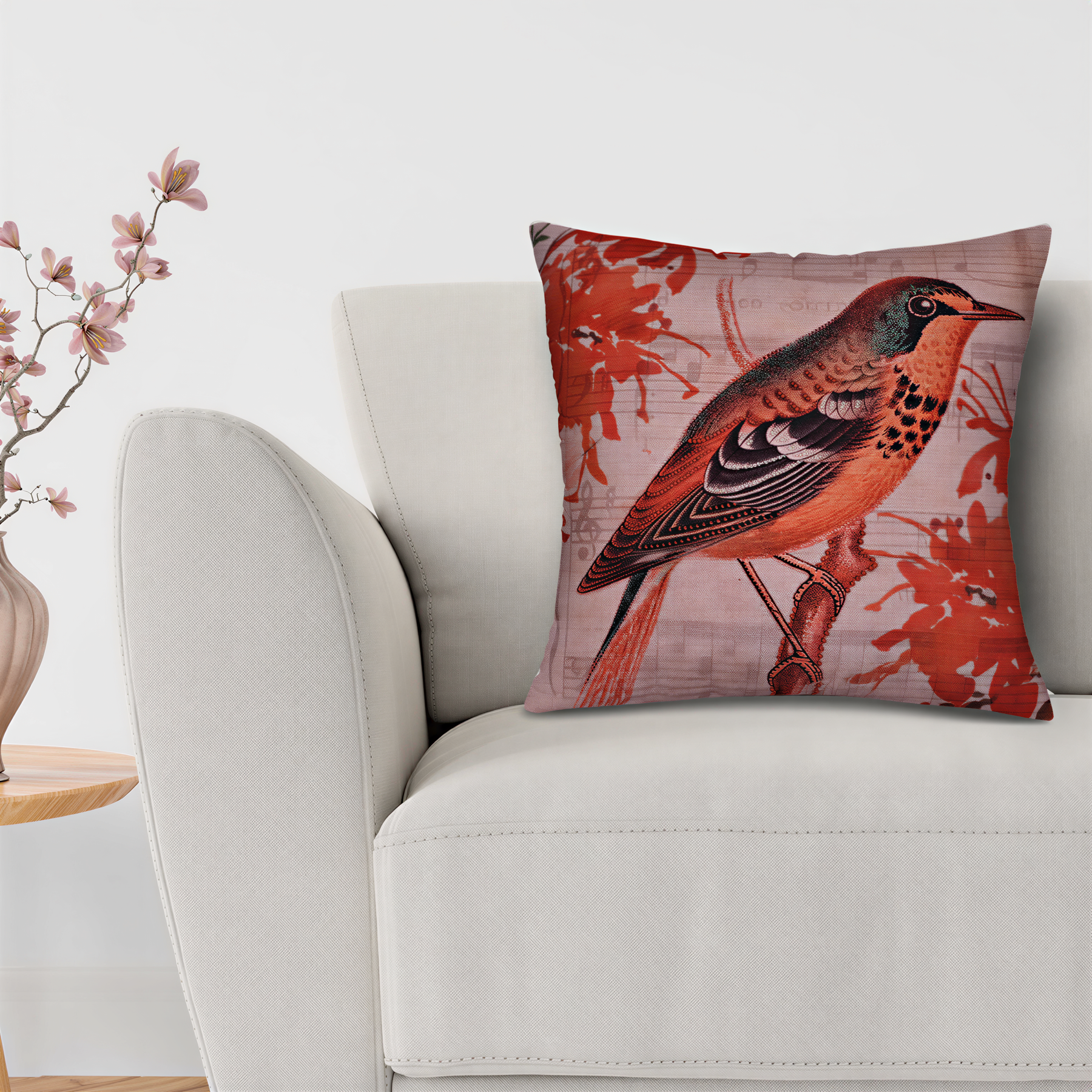 A white couch with a decorative throw pillow featuring a colorful bird image.
