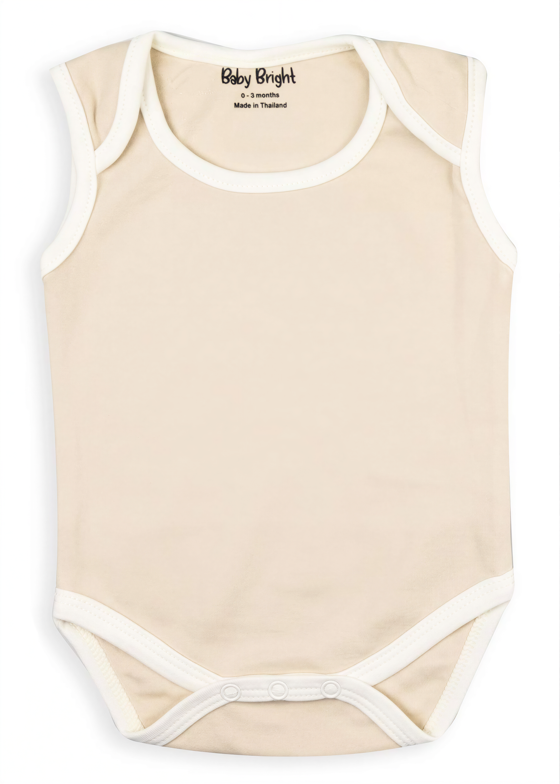 A beige baby onesie with white trim, featuring a simple and classic design.