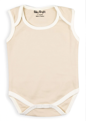 A beige baby onesie with white trim, featuring a simple and classic design.