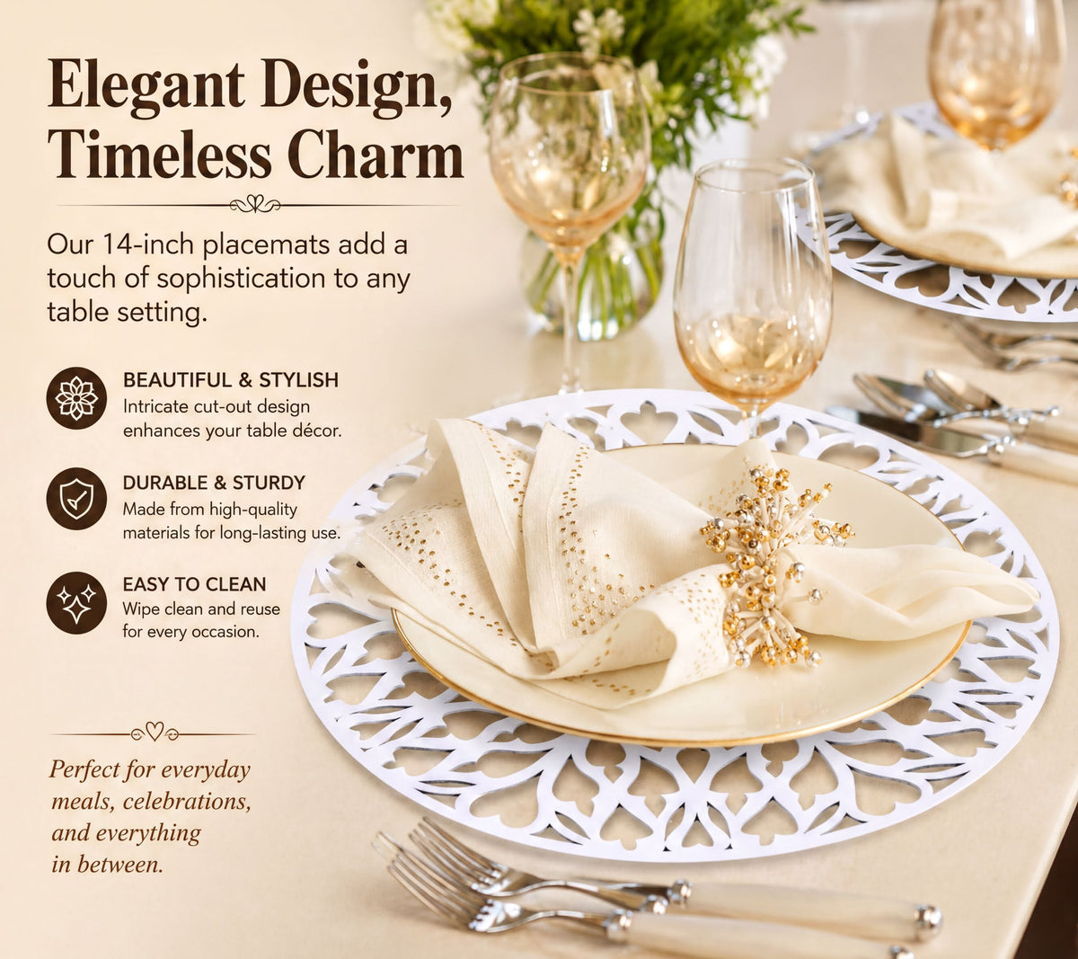 The image showcases an elegant table setting with a white plate, gold-rimmed glasses, and a decorative napkin. The text highlights the 14-inch placemat as a stylish and sophisticated addition to any table setting, emphasizing its ability to enhance the overall dining experience.
