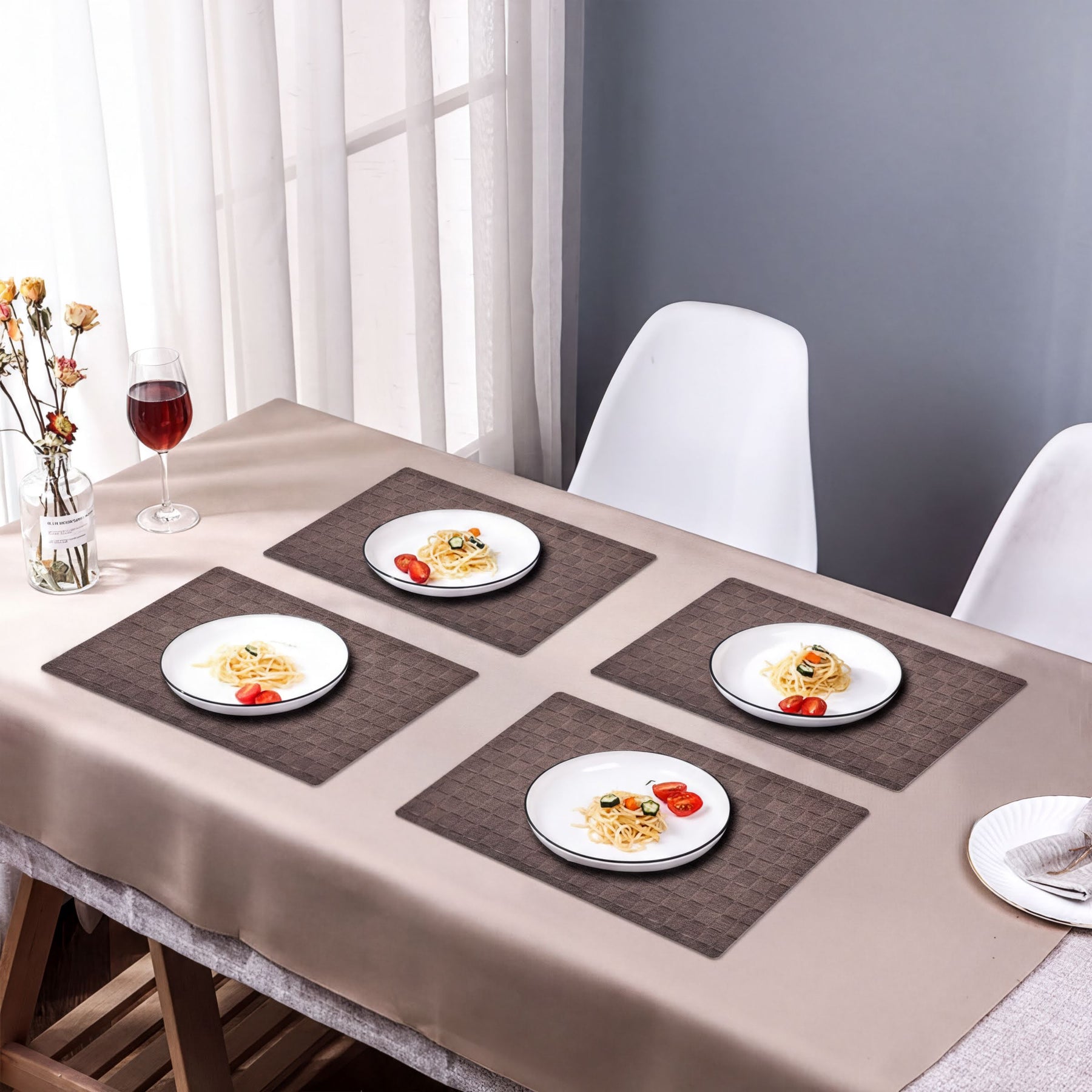 Set of 4 and 6 PVC placemats by 618EVA-7-3-4, showing colorful, durable placemats suitable for dining tables.