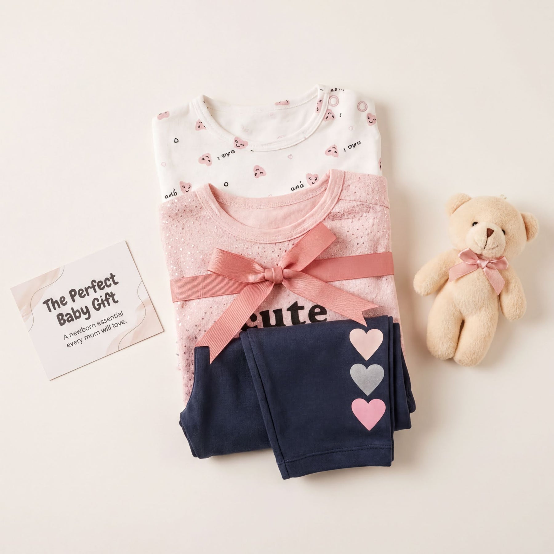 a collection of baby-related items, including a pink top, blue pants, and a teddy bear, arranged on a white background.