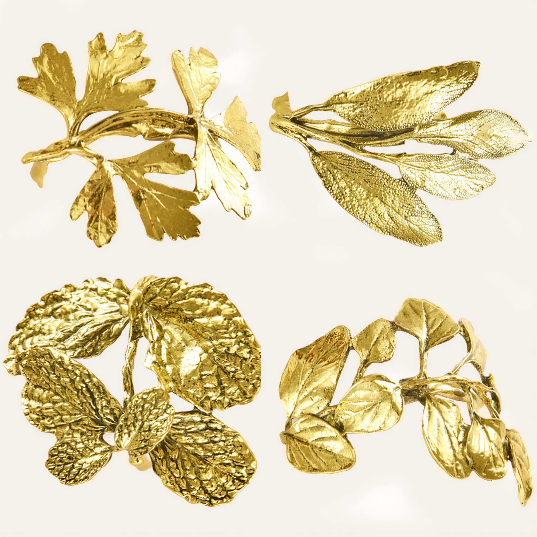 Set of four YGC-006 Golden Harmony napkin rings in gold leaf design, elegant decorative dining table accessories.