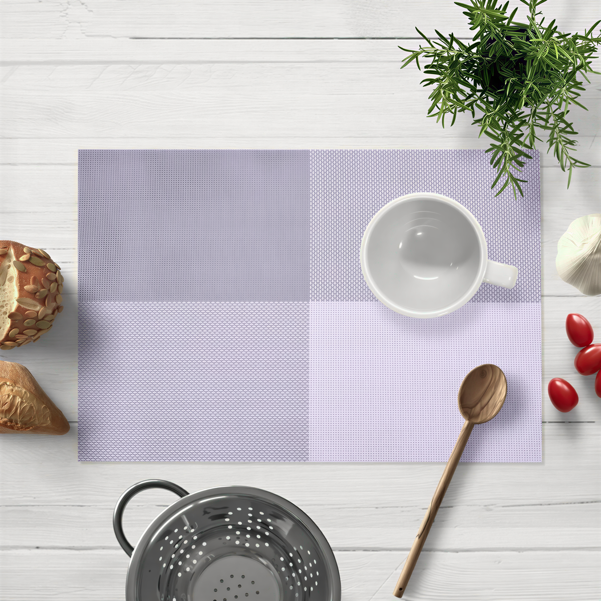 Set of 22279 Notting Hill white and gray PVC placemats, washable and heat-resistant for dining table protection.