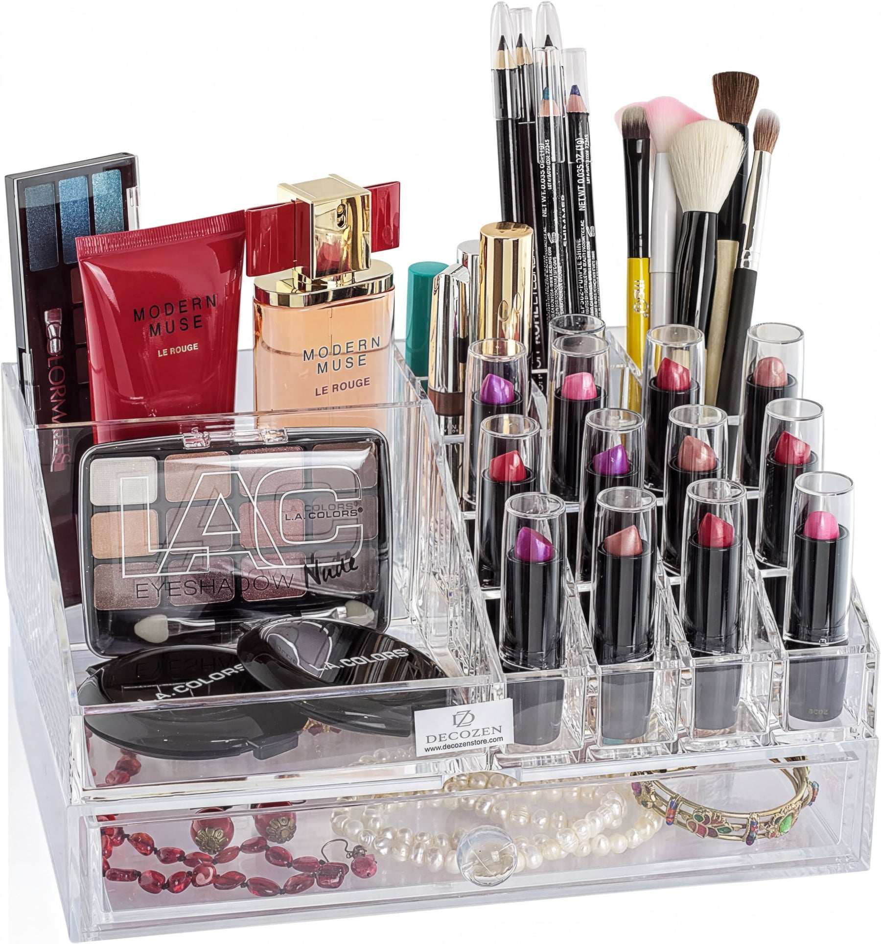 Clear F1267 makeup organizer with 19 slots and 1 drawer for storing cosmetics and beauty tools neatly.