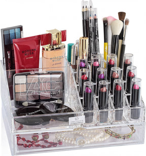 Clear F1267 makeup organizer with 19 slots and 1 drawer for storing cosmetics and beauty tools neatly.