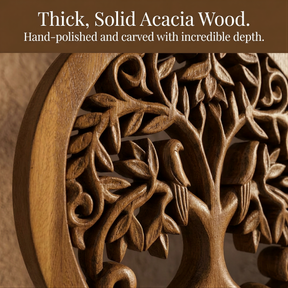 The image is a close-up of a beautifully carved piece of solid acacia wood, featuring intricate designs and patterns.