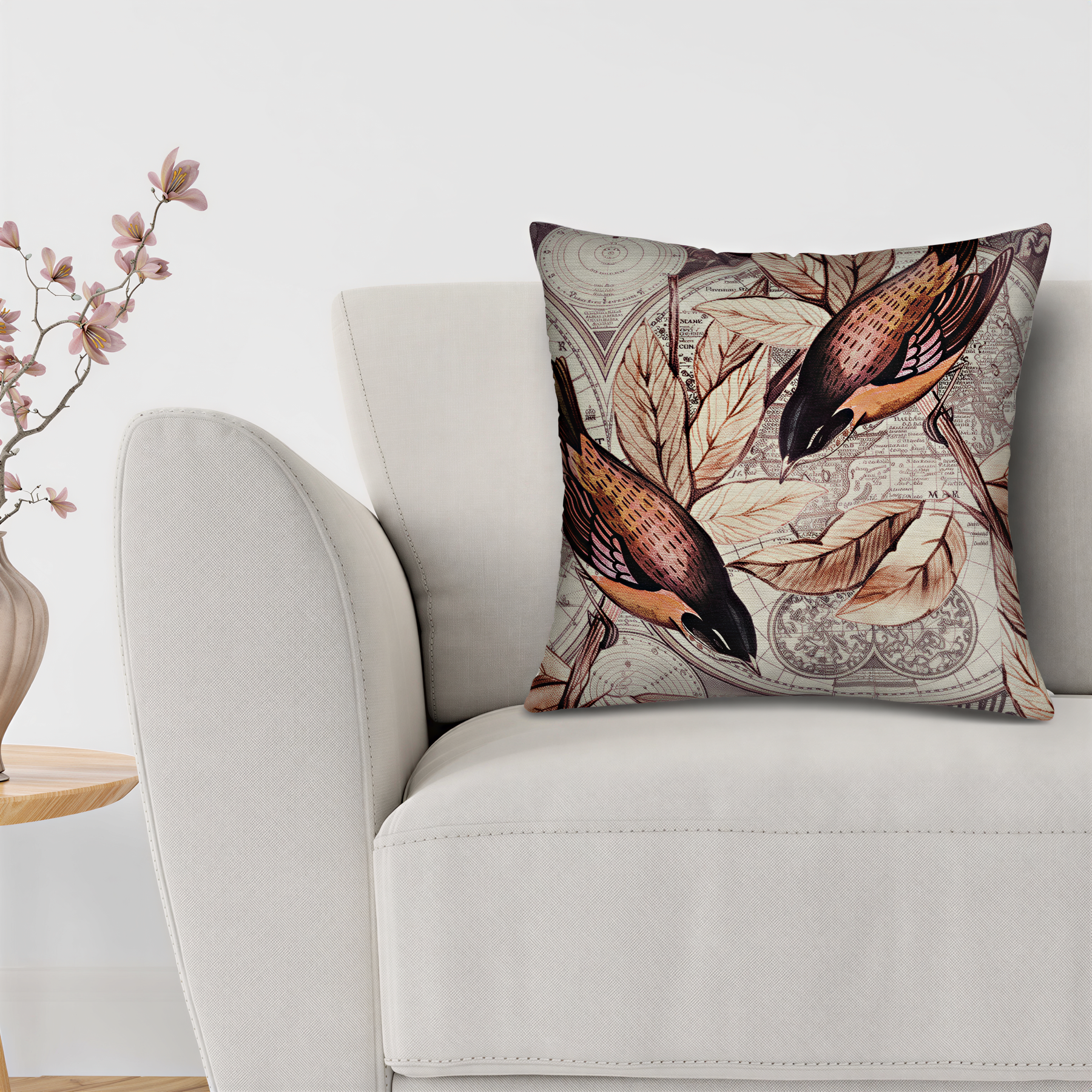 A white sofa with a decorative throw pillow featuring a bird design.