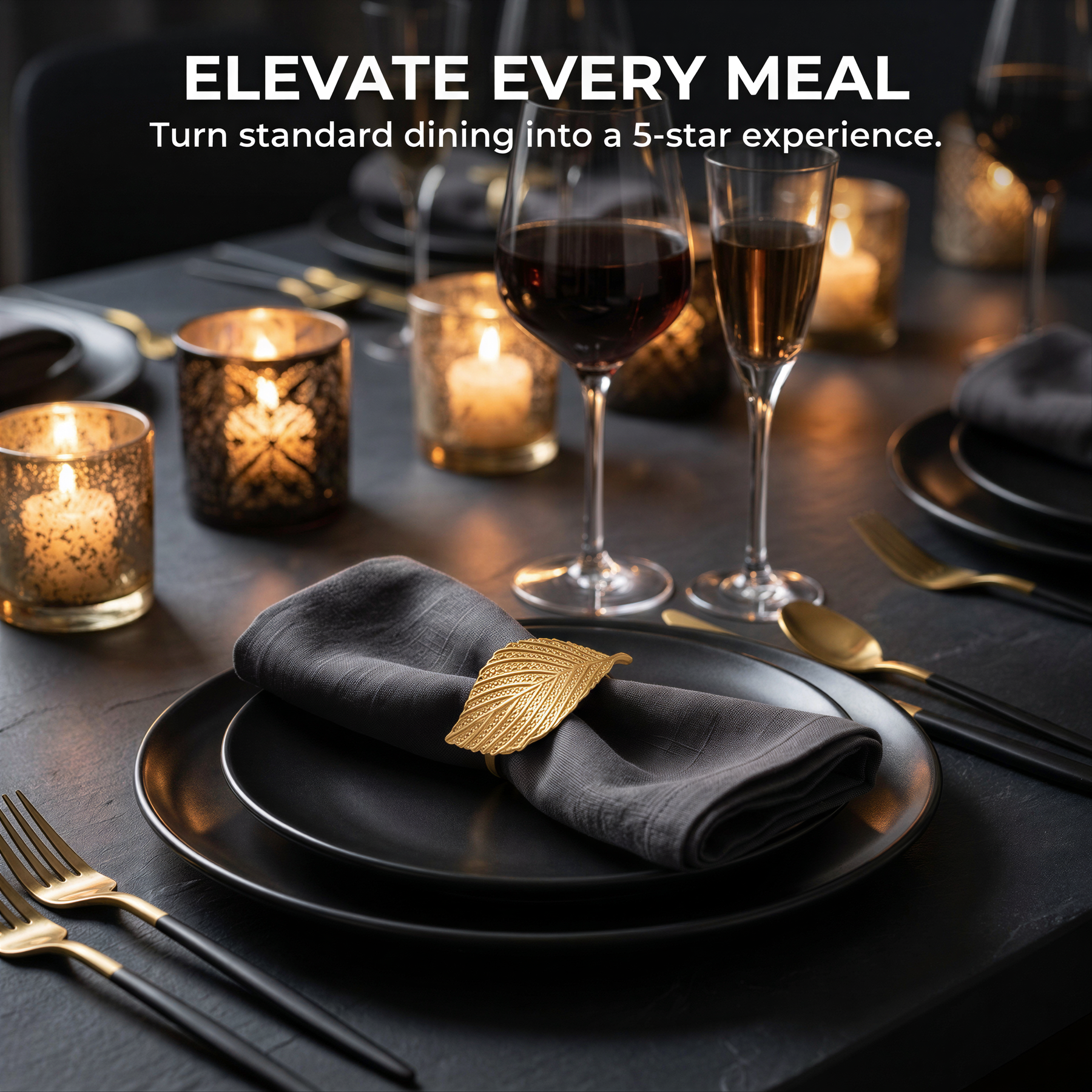 a table set with a black tablecloth, plates, wine glasses, and candles, creating an elegant and sophisticated dining atmosphere.