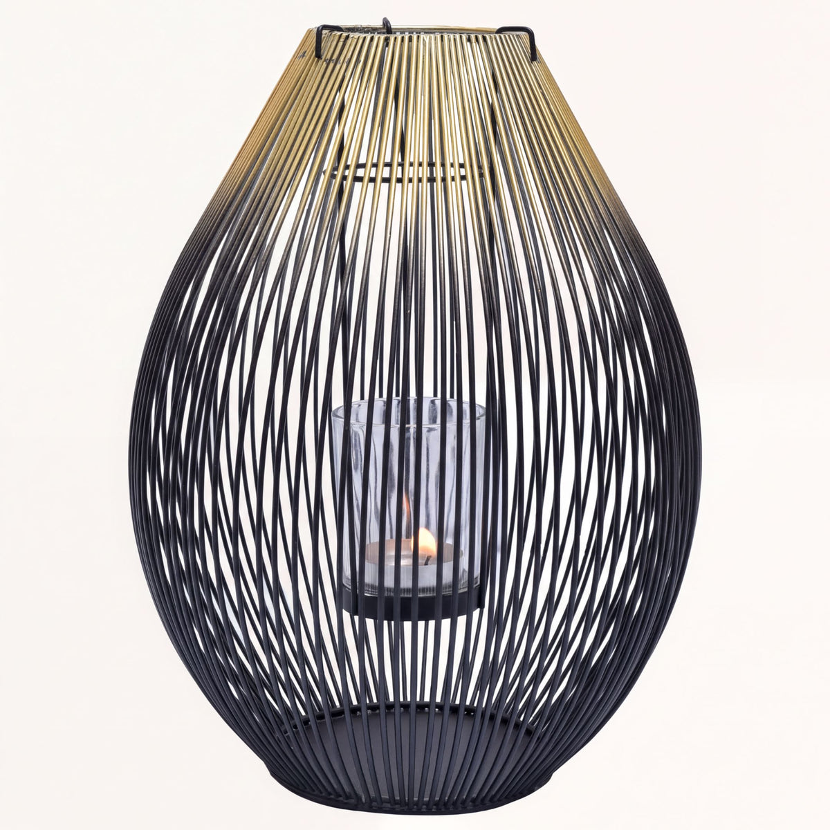 Black and gold candle holder lantern from CA9943-MB, decorative candle lantern with intricate design and glass panels.