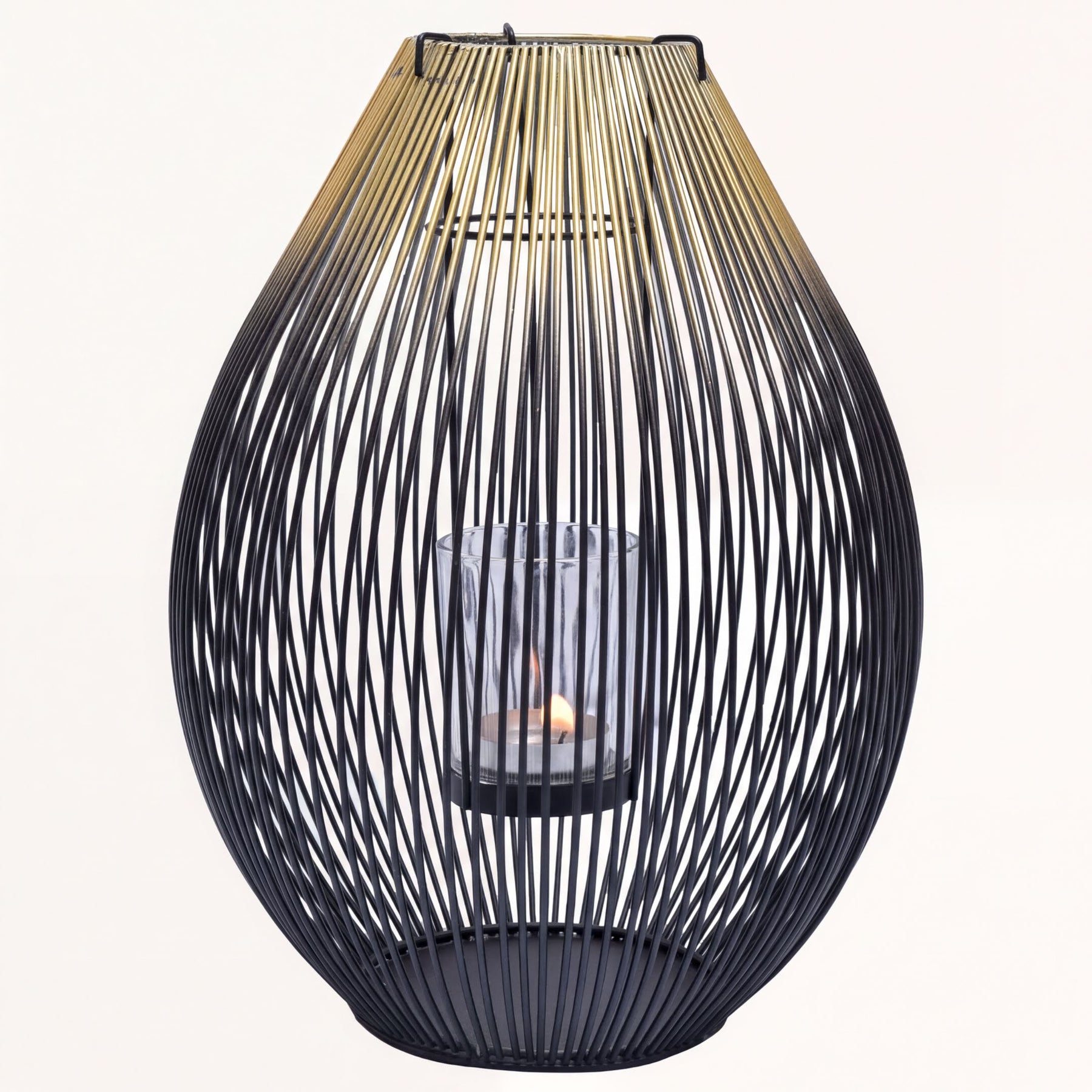 Black and gold candle holder lantern from CA9943-MB, decorative candle lantern with intricate design and glass panels.