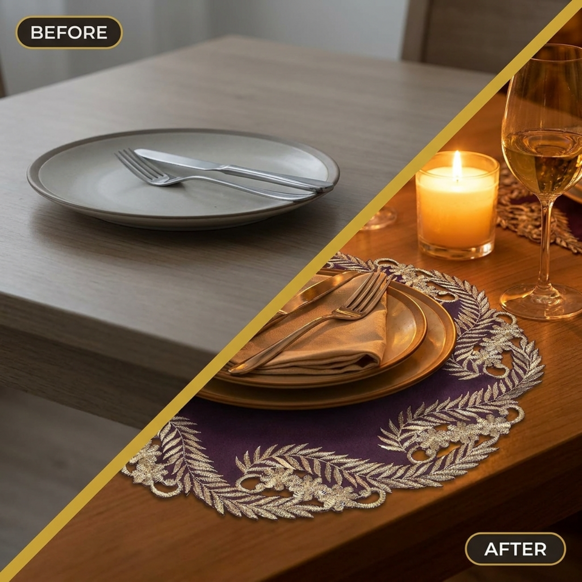 Violet Dream Plum Gold RIZ-012-DL doilies from Anyce Collection, 15-inch artistic home table décor with intricate floral design