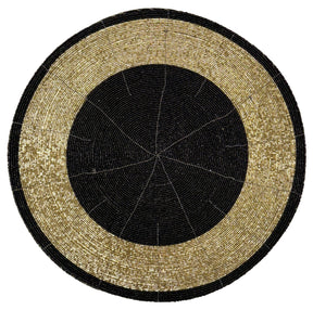 Decozen Round Beaded Placemats - Black and Gold, Set of 16 - 14 Inches - Durable, Scratch & Heat Resistant Tablemats for Dining Table, Kitchen Decor Charger
