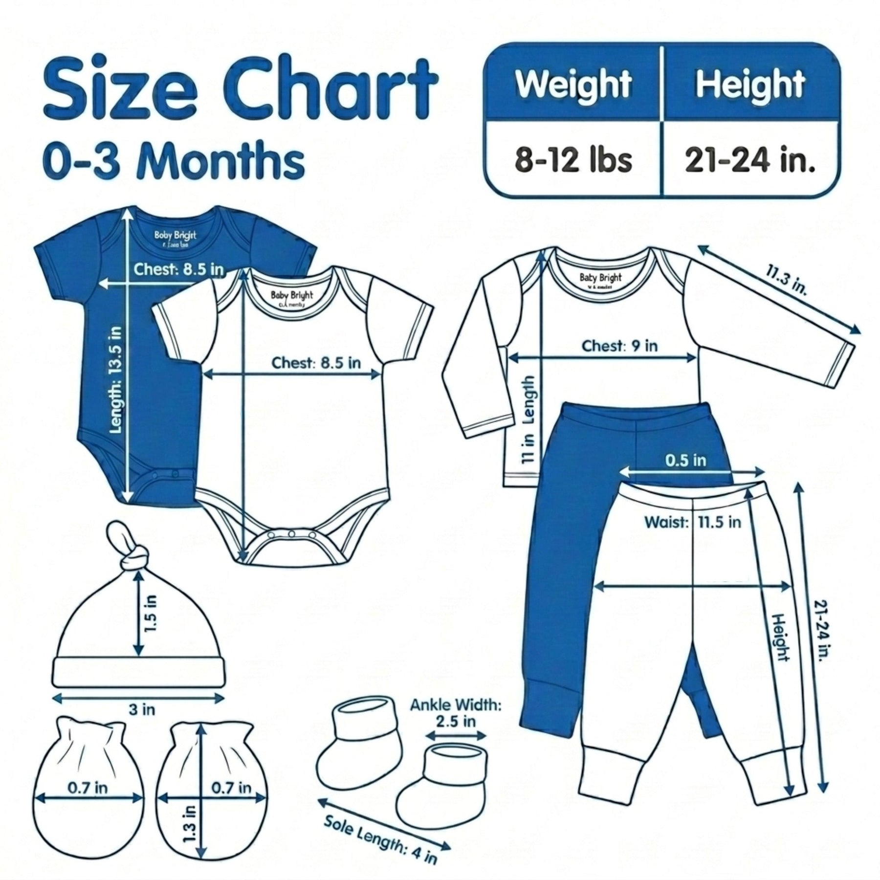 The image is a size chart for baby clothing, providing measurements for various items such as a onesie, pants, and a hat. The chart includes weight and height measurements for different age groups, ranging from 0 to 3 months.