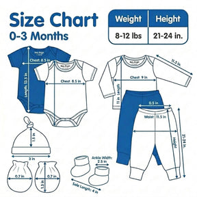 The image is a size chart for baby clothing, providing measurements for various items such as a onesie, pants, and a hat. The chart includes weight and height measurements for different age groups, ranging from 0 to 3 months.