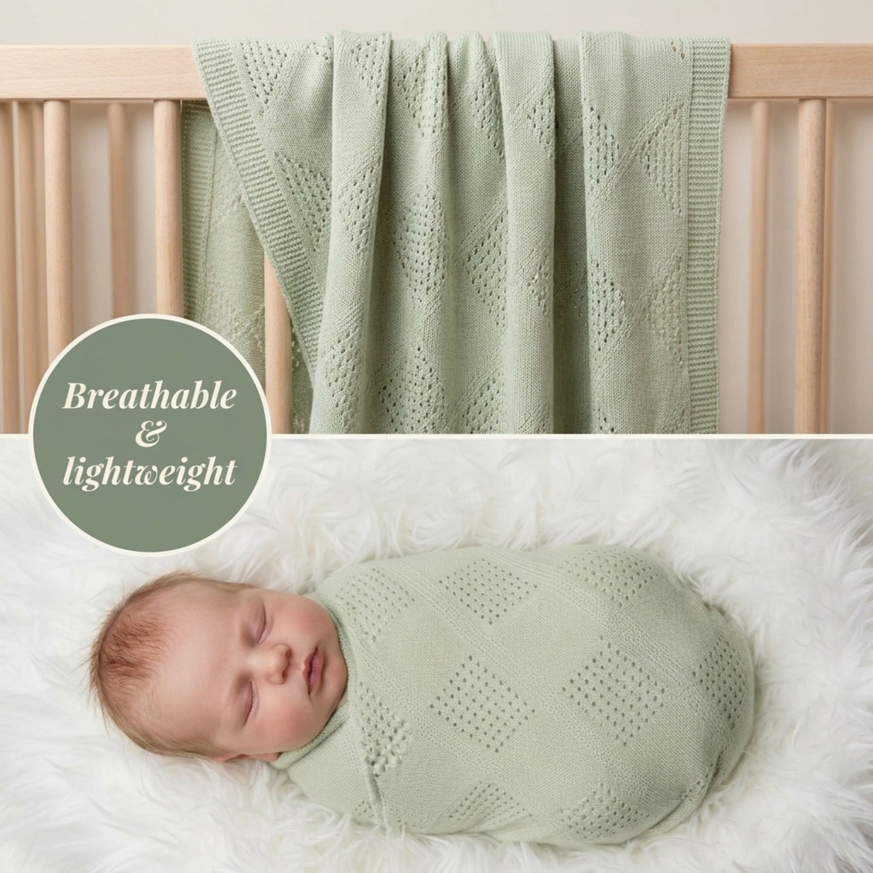 A baby swaddled in a light green blanket is sleeping peacefully in a crib, with a caption that reads "Breathable & lightweight".