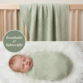 A baby swaddled in a light green blanket is sleeping peacefully in a crib, with a caption that reads "Breathable & lightweight".