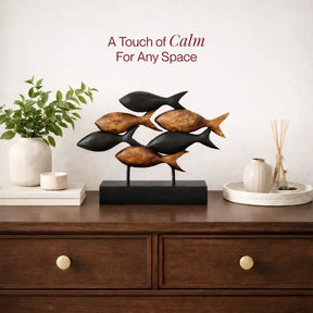 Hand-carved wooden fish sculpture from Aqua Serenity, artistic home décor piece showcasing detailed craftsmanship.