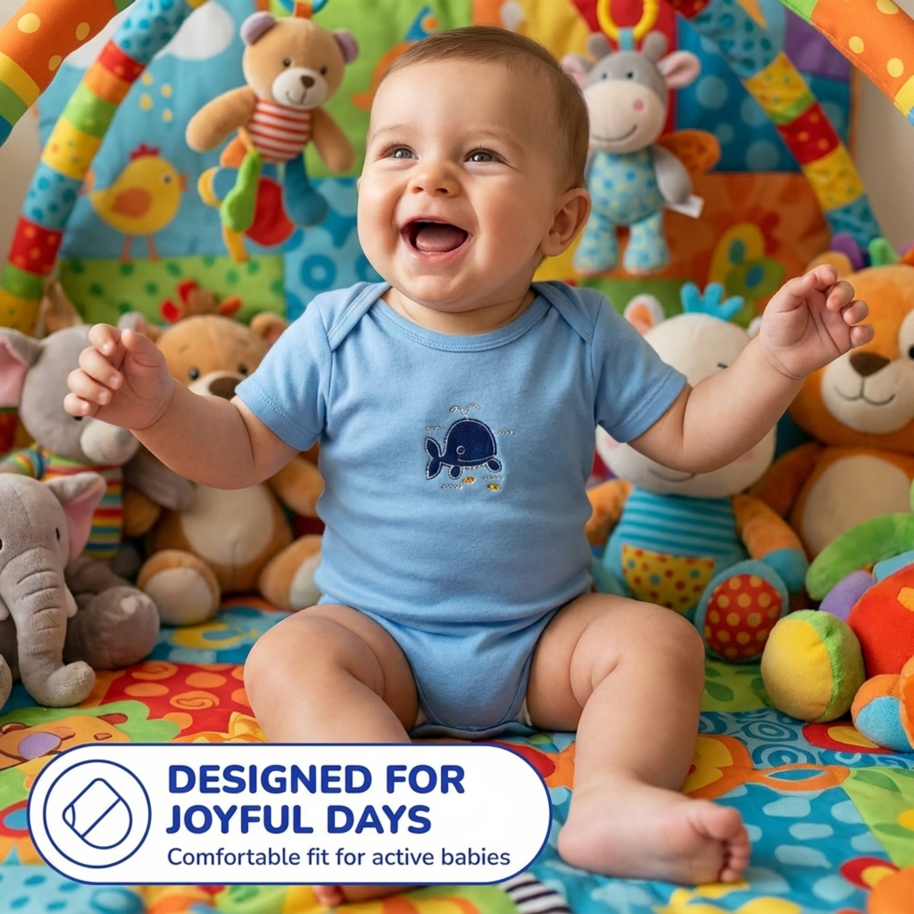 A smiling baby boy sitting on a colorful play mat surrounded by various stuffed animals.