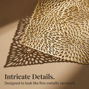 Set of six AMF032-GLD PVC cut out placemats with decorative shapes, ideal for protecting tabletops and enhancing dining decor.