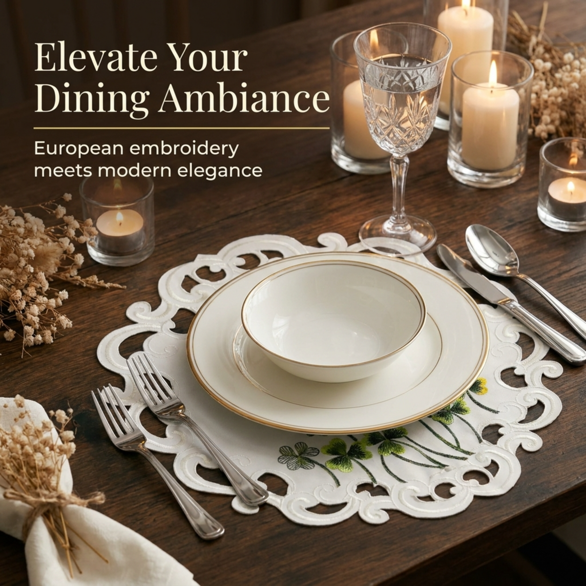 a beautifully set dining table with a white plate, silverware, and candles. The table is adorned with a floral doily and a lace runner, creating an elegant and inviting atmosphere.