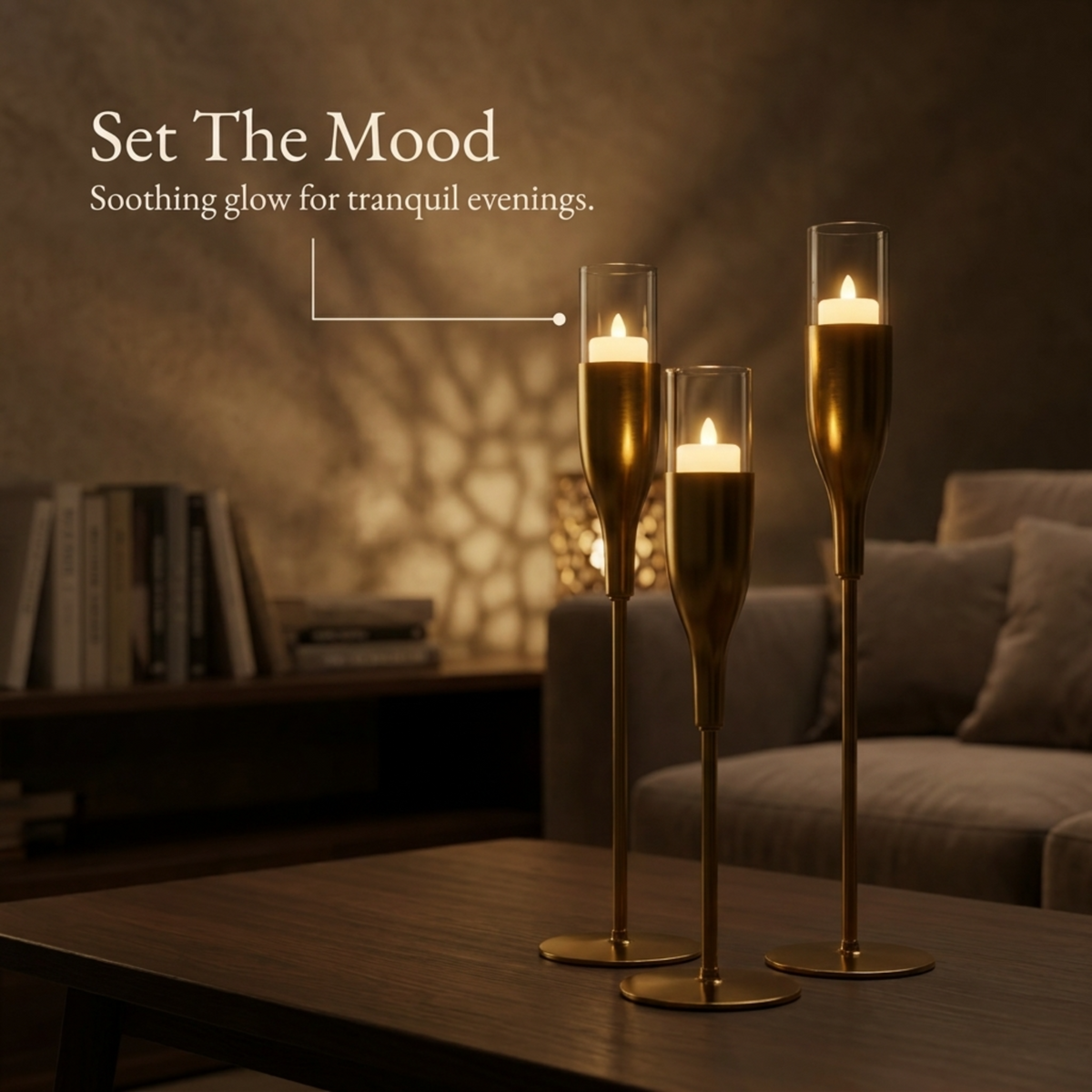 Gold Candle Holder - Wine Glass Flute Set of 3 Elegant Indoor Decor