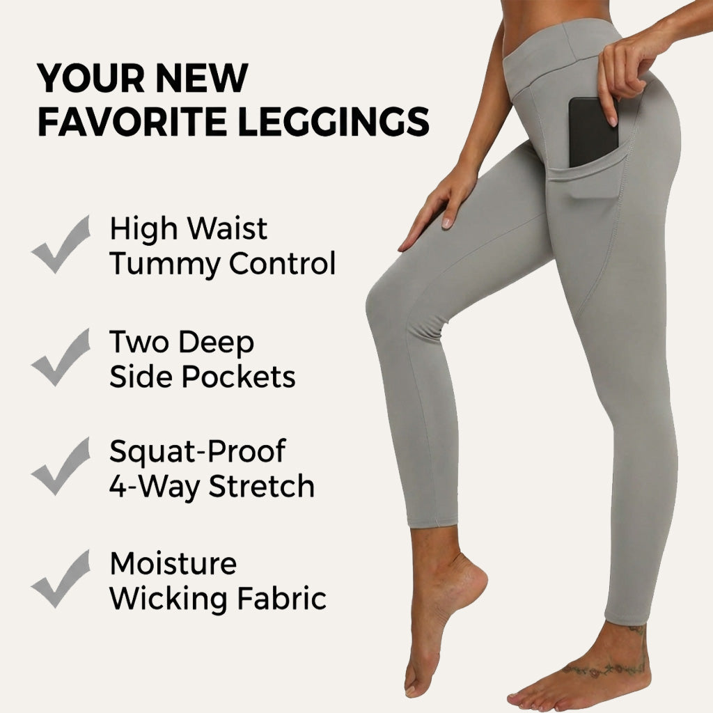 High Waist Leggings, Seamless Side Pockets, Gray, Women, Workouts