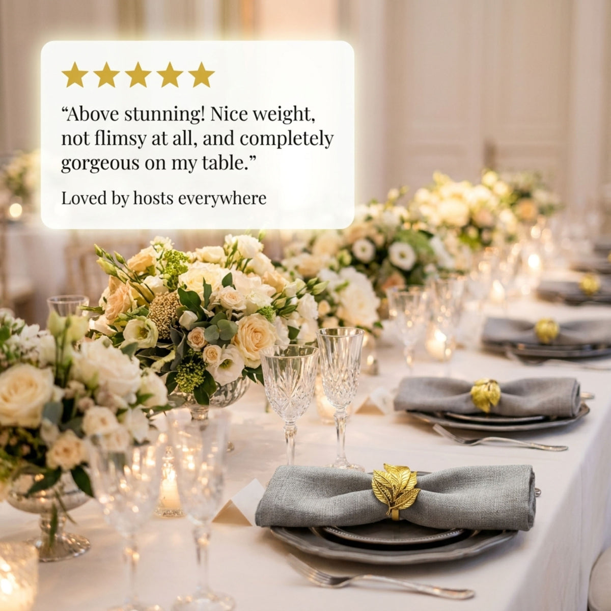 a beautifully set dining table with a floral centerpiece, place settings, and wine glasses. The table is adorned with gold accents and has a rating of 4.5 stars from guests.