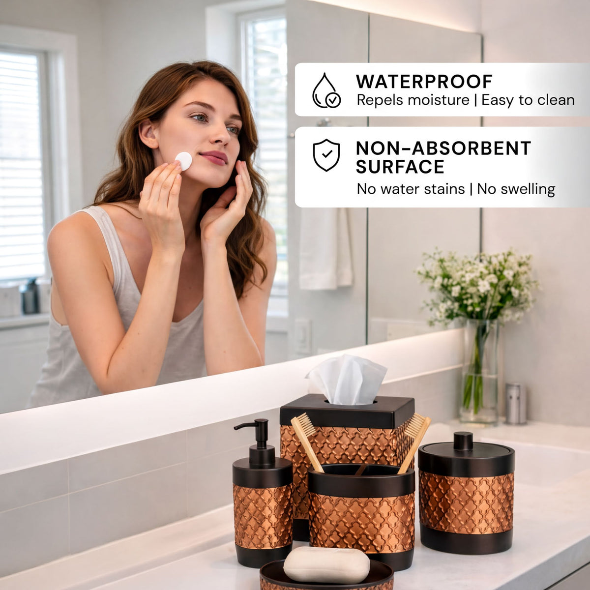 Set of six modern bathroom décor accessories from The Wally Collection, including soap dispensers and holders by AH7006.