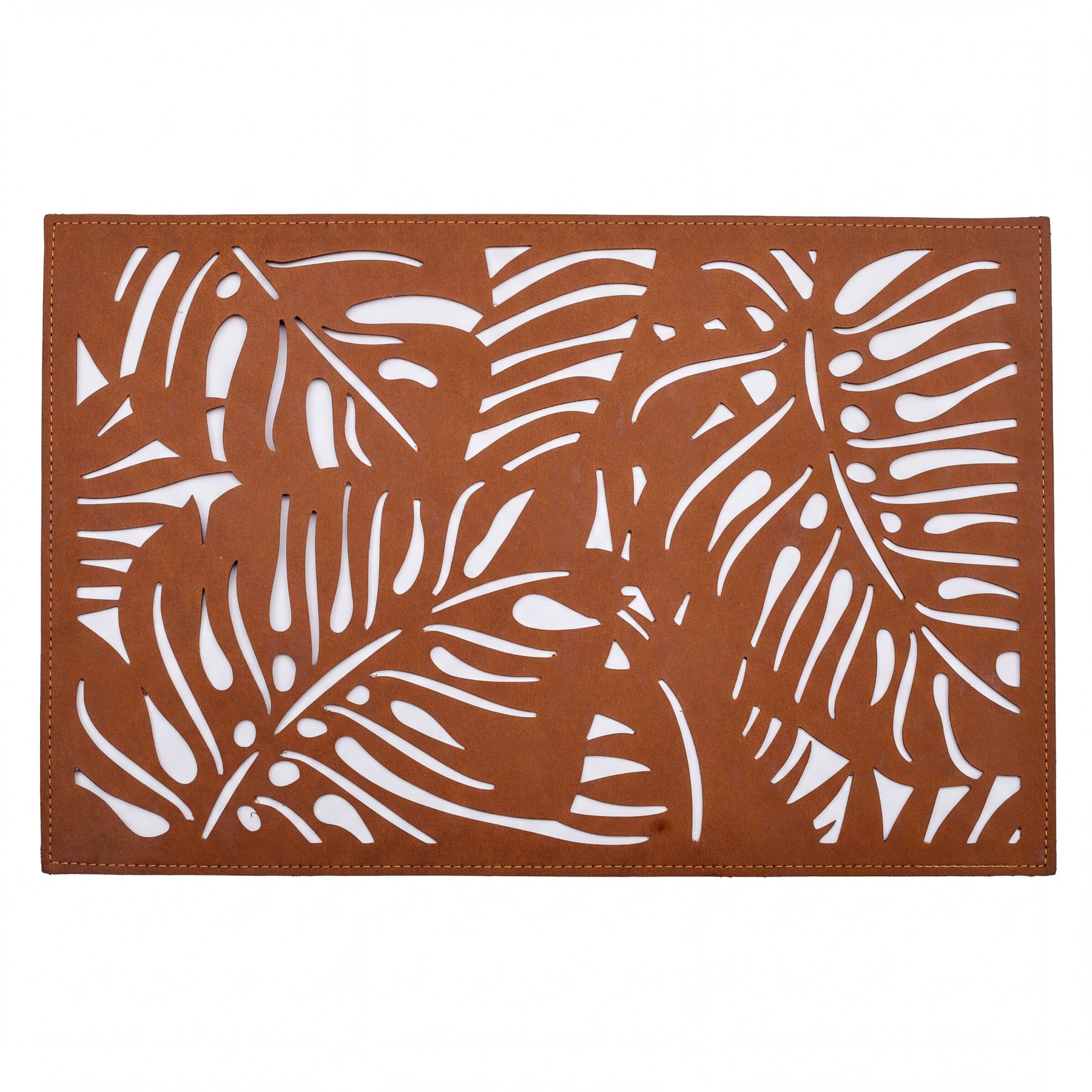 Set of six Monstera leaf cut out leather placemats by ACM1247-BRN, featuring natural leaf-shaped design for dining table decor