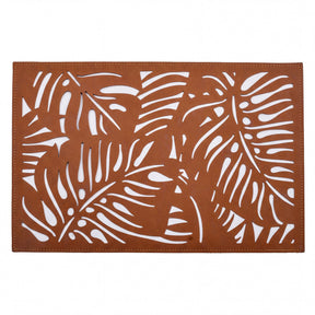 Set of six Monstera leaf cut out leather placemats by ACM1247-BRN, featuring natural leaf-shaped design for dining table decor