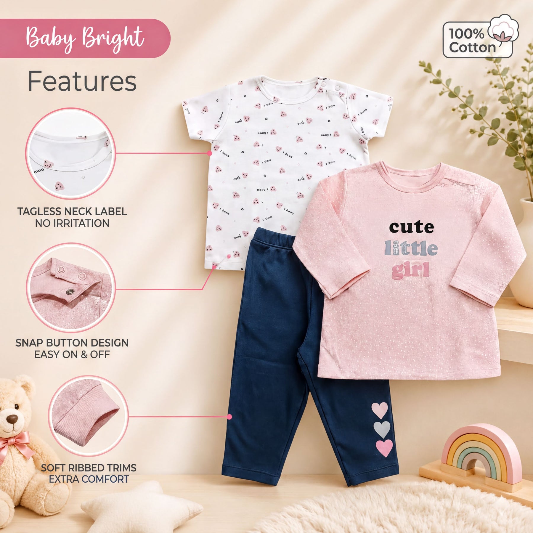a baby outfit set, including a white t-shirt with a patterned design, a pink long-sleeved shirt with the text "cute little girl", and blue pants with three hearts on the side. The outfit appears to be made of 100% cotton, and there are various features described, such as a tagless neck label, snap button design, soft ribbed trims, and extra comfort.