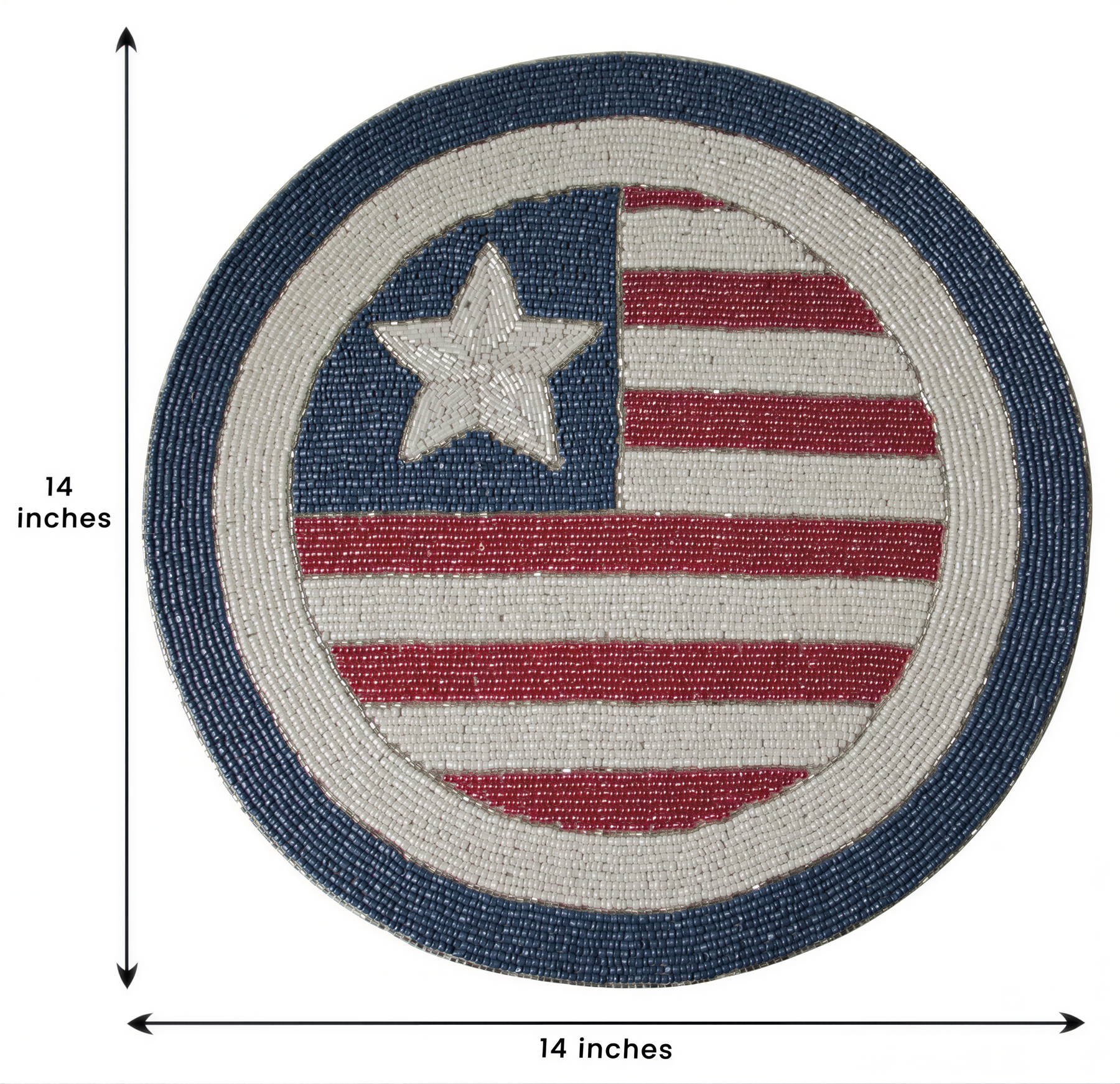 a circular design with a star and stripes pattern, resembling the American flag. The design is made up of small beads or threads arranged in a circular pattern, creating a visually appealing and patriotic motif.