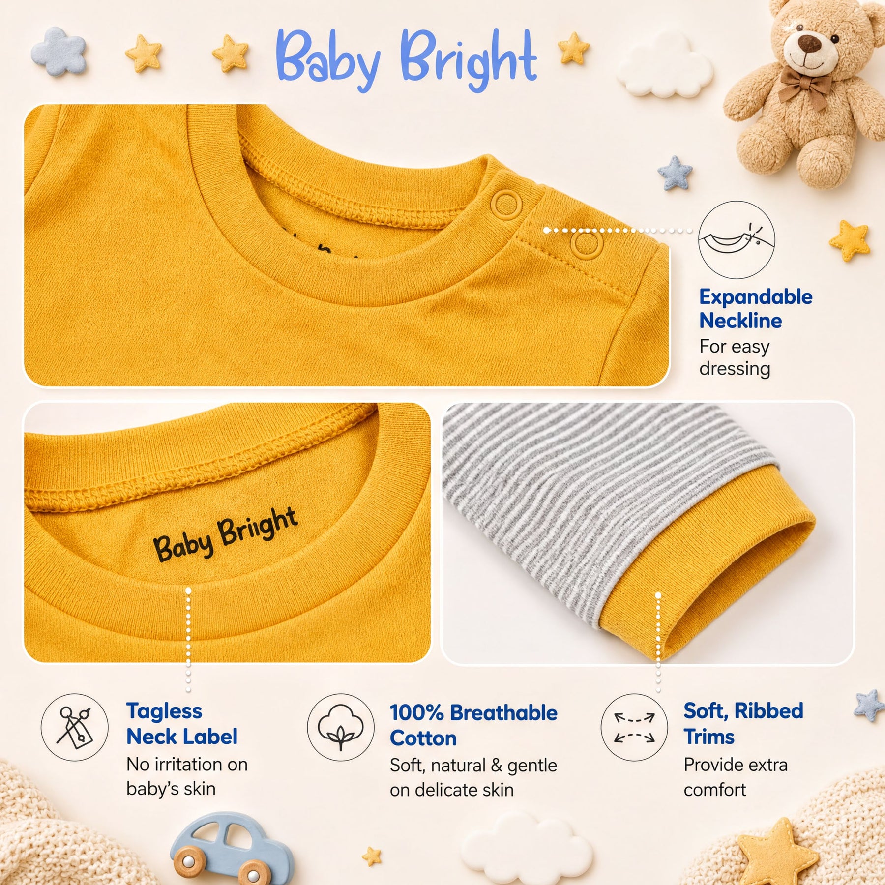 The image is a collage of three photos showcasing a yellow baby shirt with a tagless neck label, an expandable neckline, and a ribbed sleeve. The photos highlight the shirt's features, such as 100% breathable cotton, soft ribbed trims, and a soft, natural and gentle feel on delicate skin.