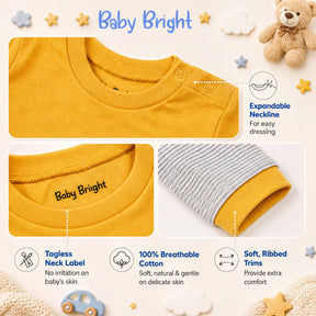 The image is a collage of three photos showcasing a yellow baby shirt with a tagless neck label, an expandable neckline, and a ribbed sleeve. The photos highlight the shirt's features, such as 100% breathable cotton, soft ribbed trims, and a soft, natural and gentle feel on delicate skin.