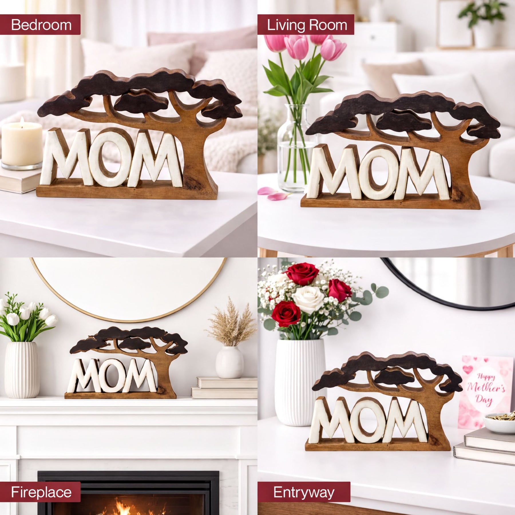Handmade wooden sculpture titled Graceful Mom, a heartfelt decorative wooden décor piece from LAY024, showcasing intricate craftsmanship.