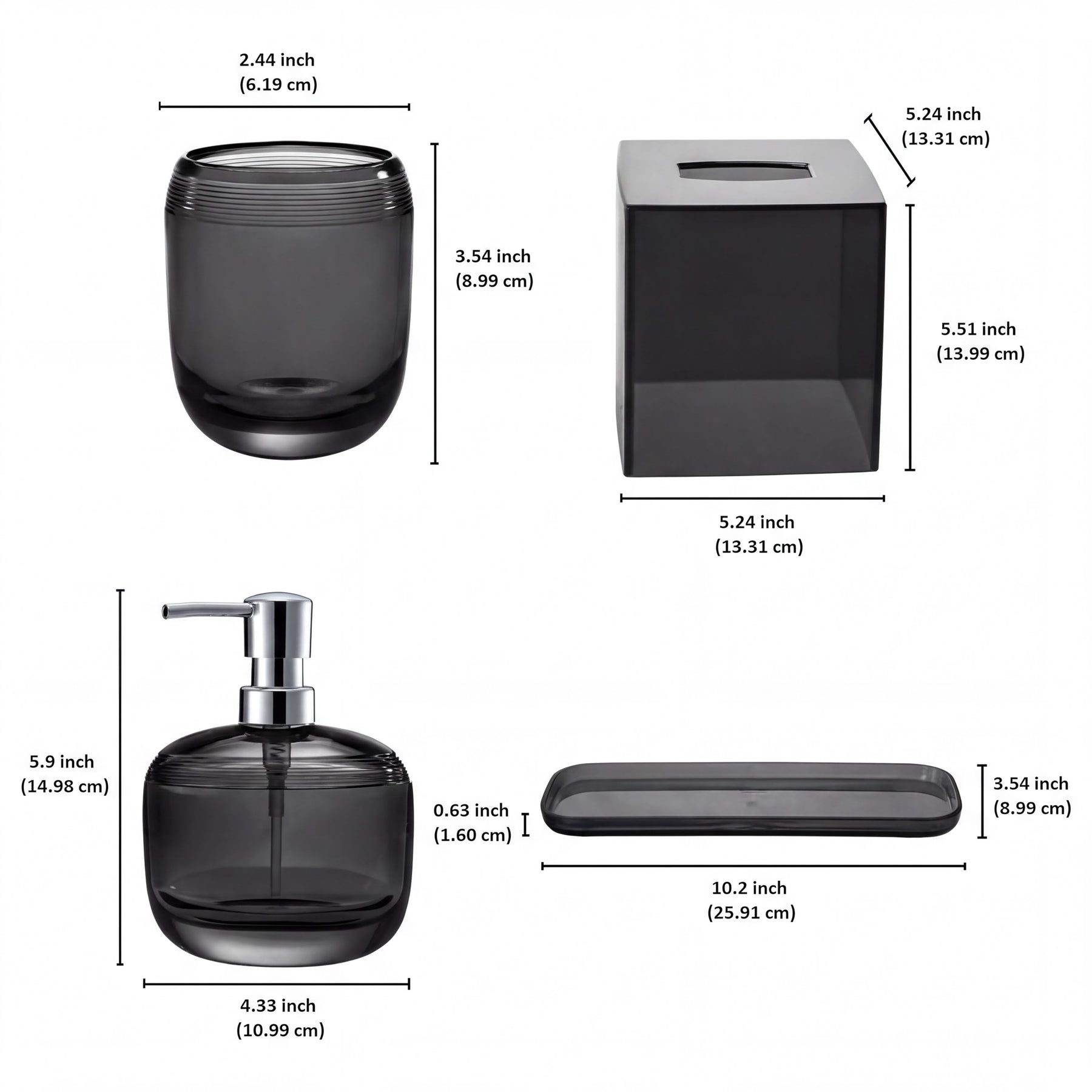 Set of four modern bathroom décor accessories from The Aurik Collection, featuring sleek, elegant design for stylish bath spaces.
