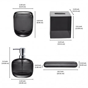 Set of four modern bathroom décor accessories from The Aurik Collection, featuring sleek, elegant design for stylish bath spaces.